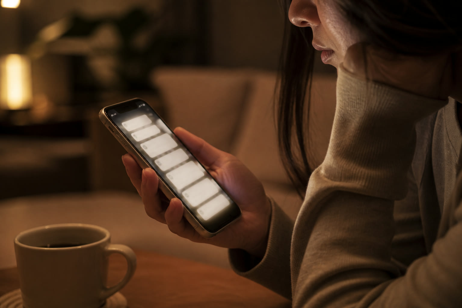 夜、スマートフォンの通知に追われる手元